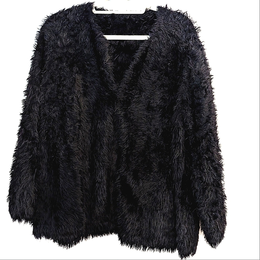 Calvin Klein Black Faux Fur Jacket – Hook Closure, Ultra Plush